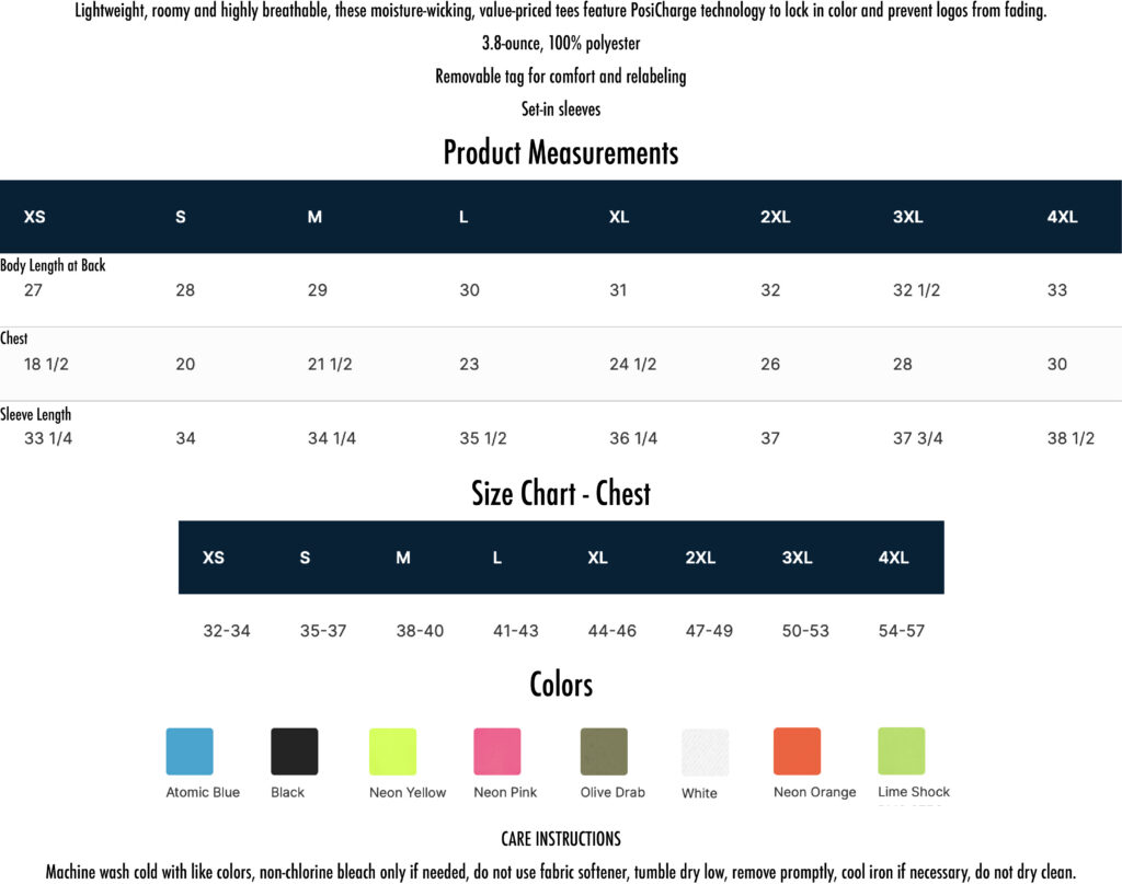 No Tops Nation rash guard size chart showing adult unisex measurements for XS through 4XL including chest, sleeve length, body length, and recommended chest sizes.