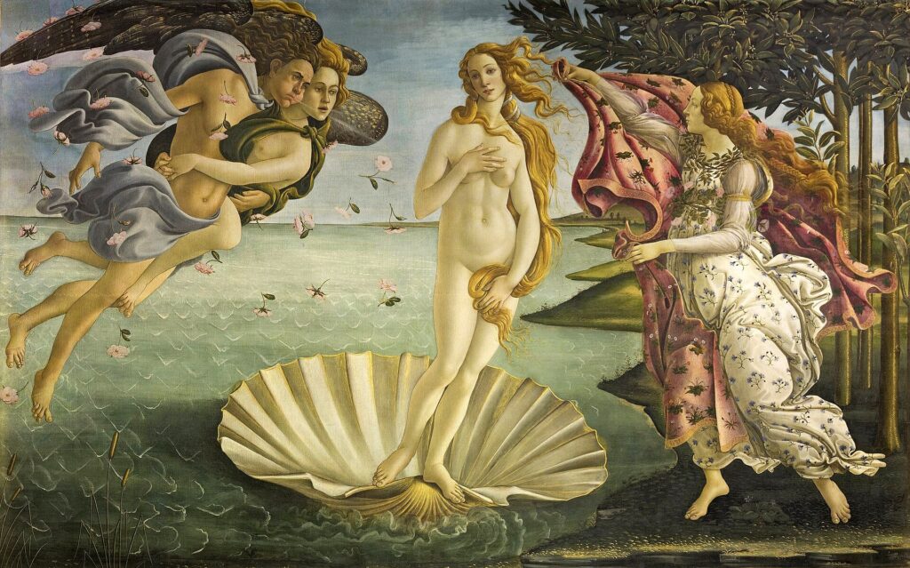 he Birth of Venus by Sandro Botticelli depicting Venus standing nude on a shell